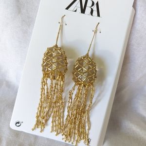 ZARA NEW BEADED CRYSTAL DANGLE DROP EARRINGS GOLD